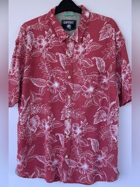 Seapointe Men’s Button Up Hawaiian Camp‎ Shirt Hibiscus Print Size XL